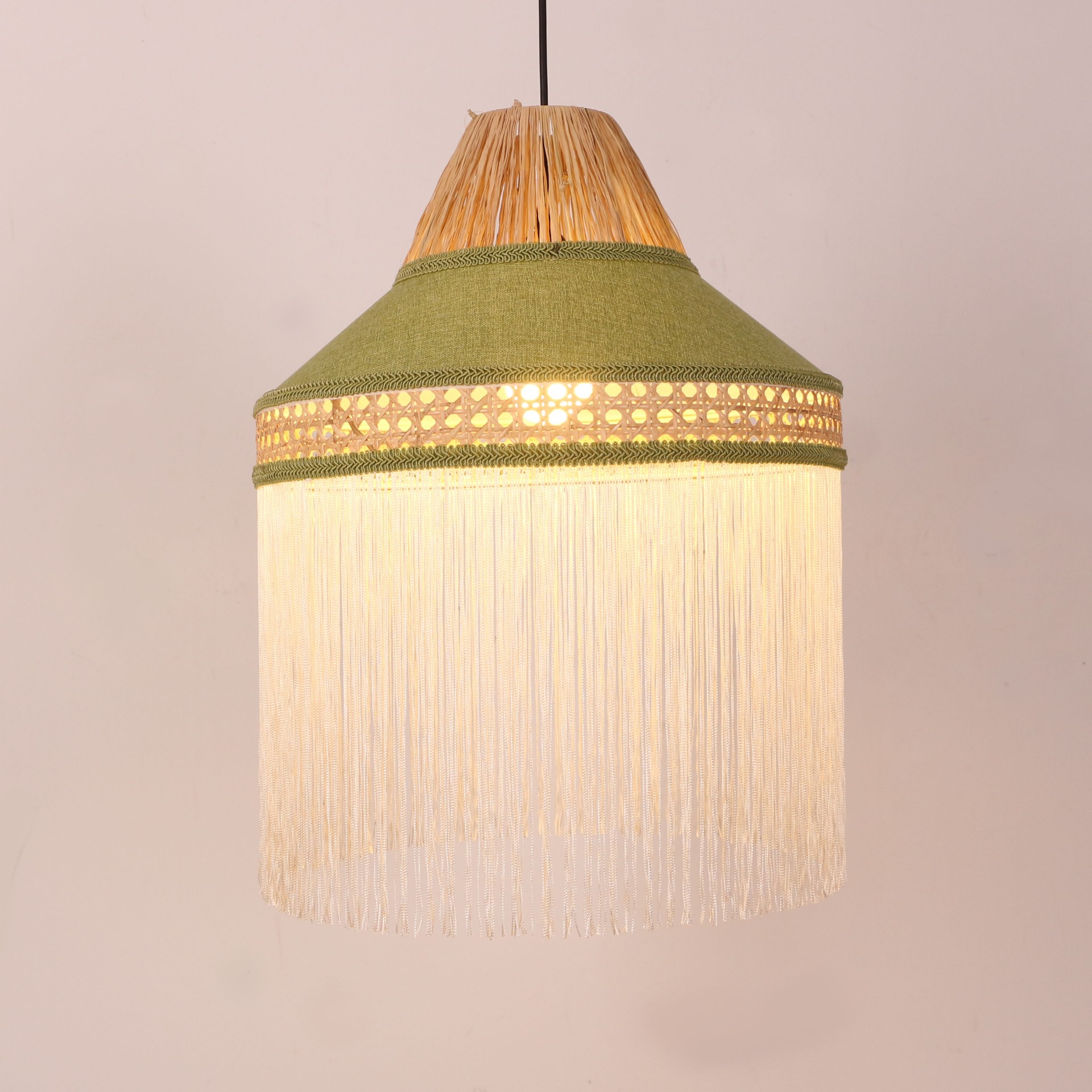 ŞANZELİZE Doğal Hazeran ve RAFYA Kumaş Avize