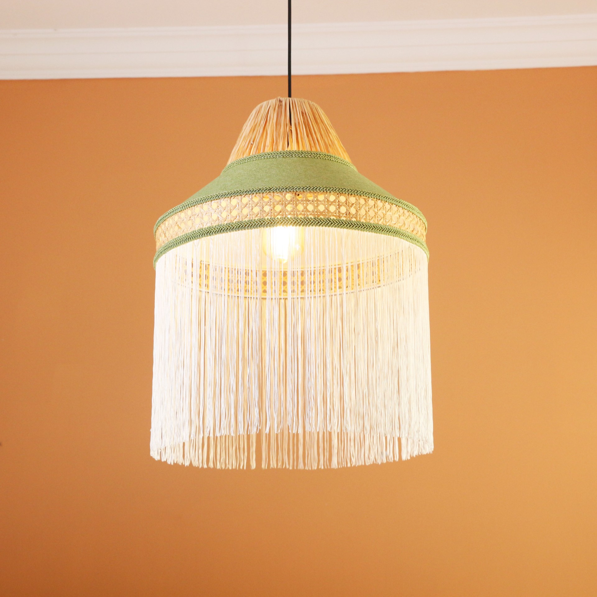 ŞANZELİZE Doğal Hazeran ve RAFYA Kumaş Avize